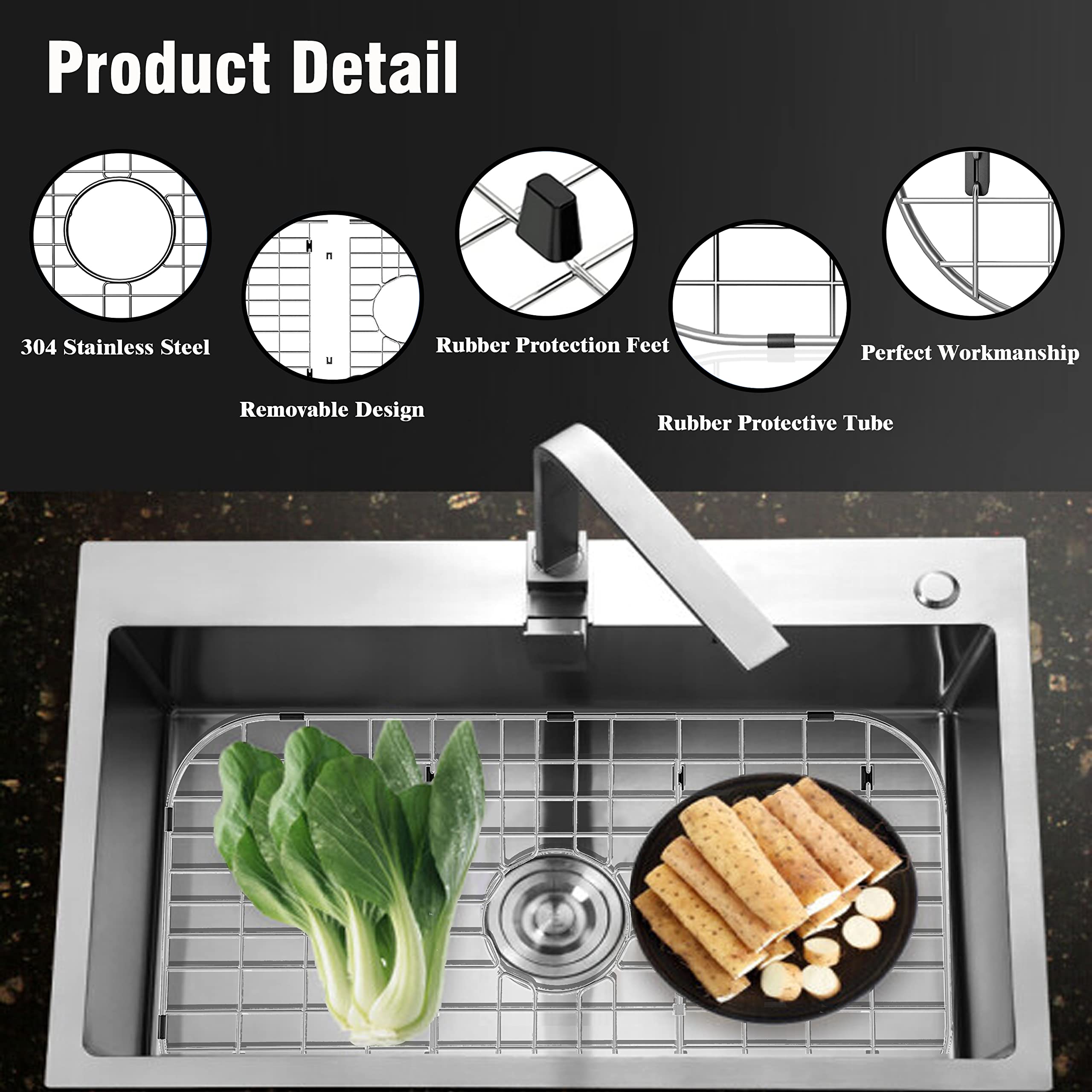 Sink Protectors for Kitchen Sink 26" x14", Stainless Steel Sink Protector with Center Drain Hole Sink Rack for Bottom of Sink with Sink Strainers (Separable, 26" x 14", Center Drain)