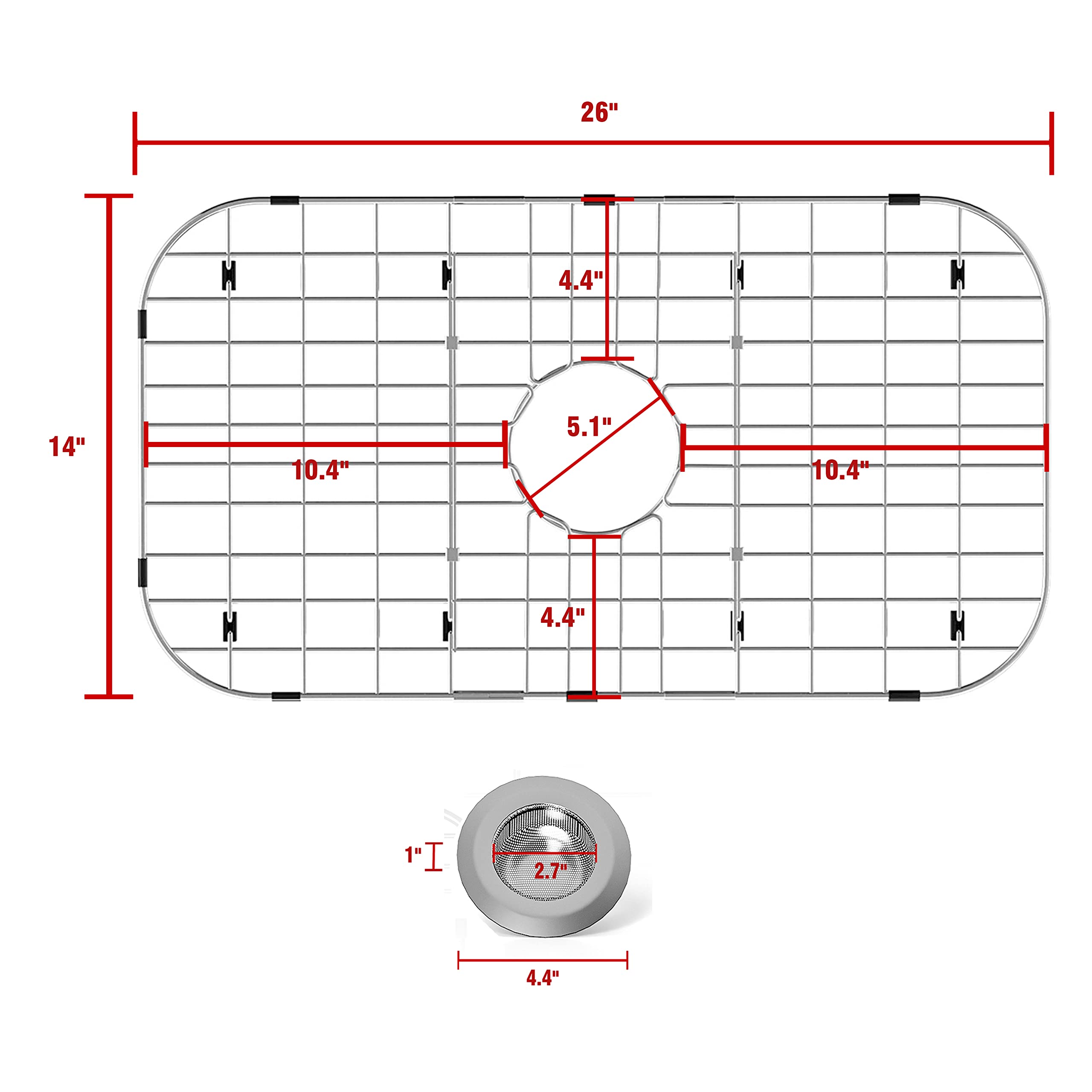 Sink Protectors for Kitchen Sink 26" x14", Stainless Steel Sink Protector with Center Drain Hole Sink Rack for Bottom of Sink with Sink Strainers (Separable, 26" x 14", Center Drain)