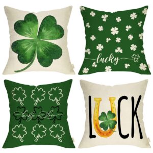 fjfz st. patrick's day luck clover decorative throw pillow covers 18 x 18 set of 4, green shamrock horseshoe holiday porch home decor, irish lucky in love gifts outdoor sofa couch cushion case