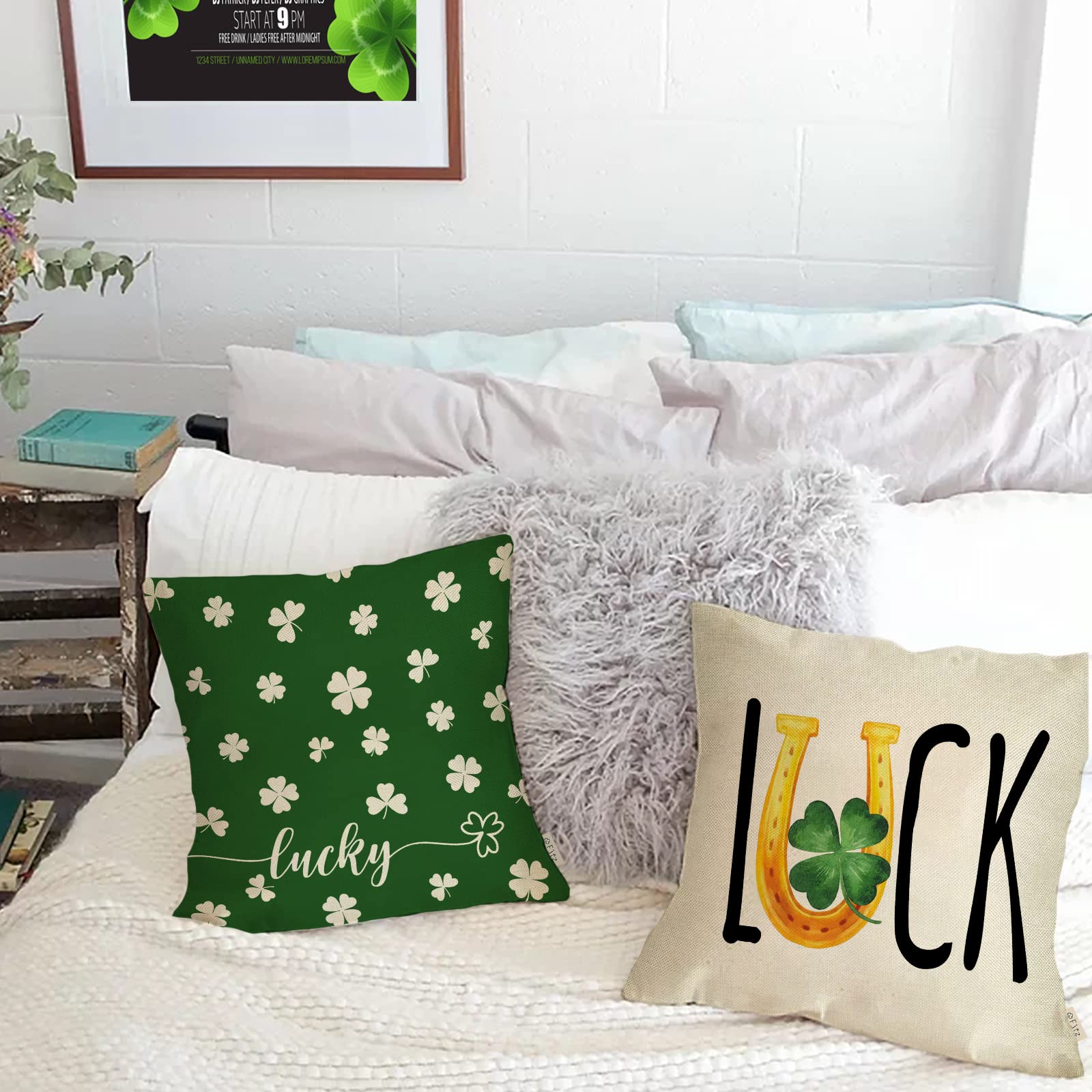 Fjfz St. Patrick's Day Luck Clover Decorative Throw Pillow Covers 18 x 18 Set of 4, Green Shamrock Horseshoe Holiday Porch Home Decor, Irish Lucky in Love Gifts Outdoor Sofa Couch Cushion Case