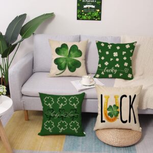 Fjfz St. Patrick's Day Luck Clover Decorative Throw Pillow Covers 18 x 18 Set of 4, Green Shamrock Horseshoe Holiday Porch Home Decor, Irish Lucky in Love Gifts Outdoor Sofa Couch Cushion Case