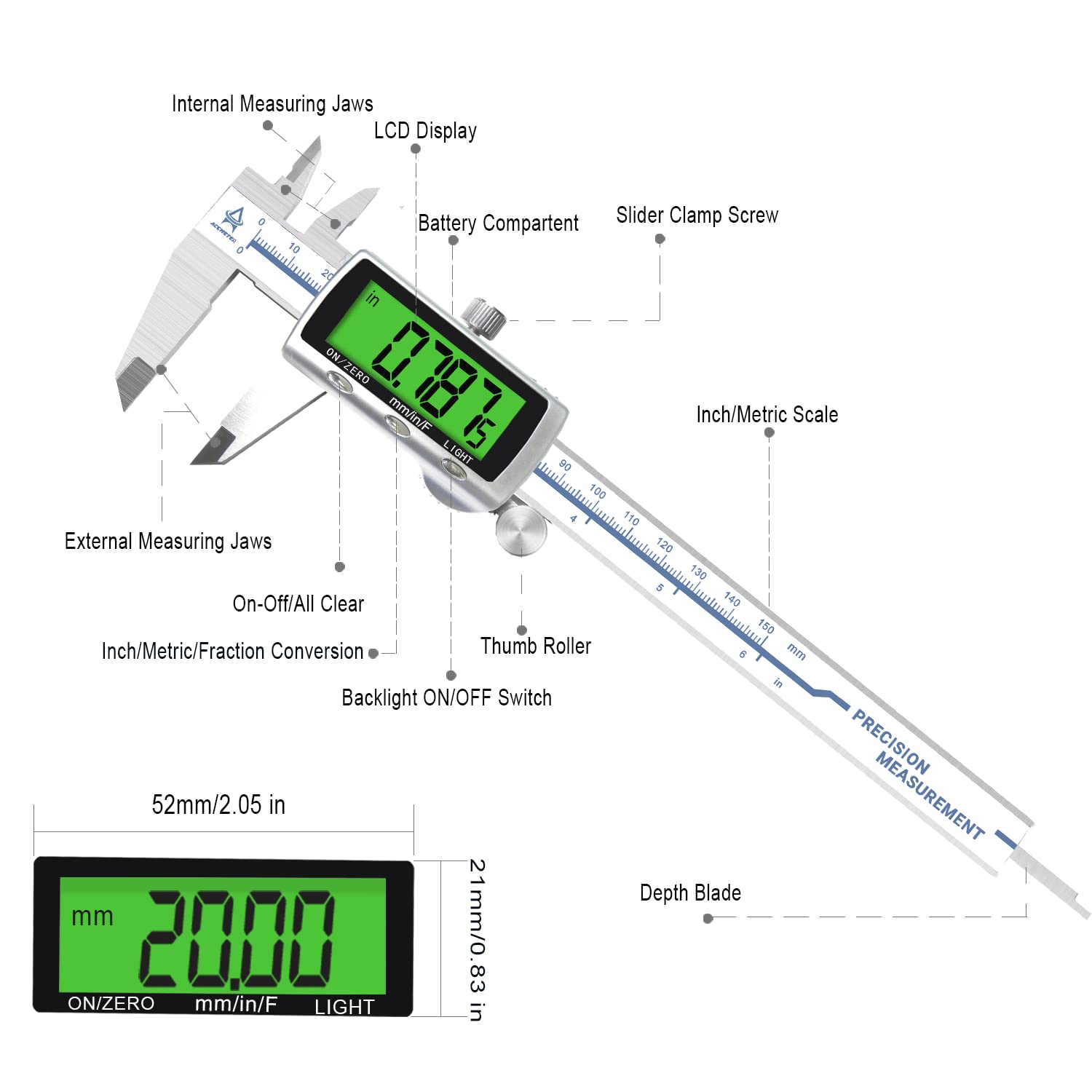 Digital Caliper Electronic Measuring Tool,Digital Vernier Caliper Inch/Millimeter/Fraction Measurement Caliper for Jewelry-Metal Metric Measure Caliper for Engineer,LCD Screen Featured Backlight