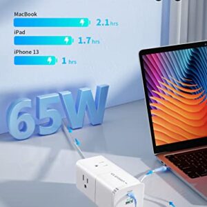 ELEGRP Travel Power Strip with 65W USB C, 3 Outlets 3 USB(2 USB-C), 5ft Extension Cord with 3 Widely Spaced Outlets, 65W USB C Fast Charging Compatible with MacBook, Travel Hotel Cruise Essentials