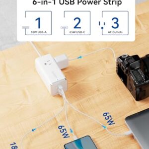 ELEGRP Travel Power Strip with 65W USB C, 3 Outlets 3 USB(2 USB-C), 5ft Extension Cord with 3 Widely Spaced Outlets, 65W USB C Fast Charging Compatible with MacBook, Travel Hotel Cruise Essentials