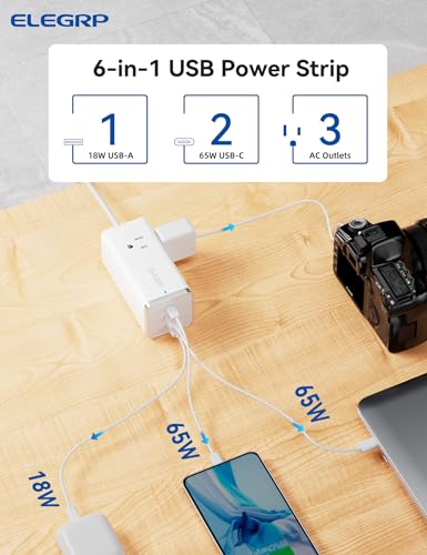 ELEGRP Travel Power Strip with 65W USB C, 3 Outlets 3 USB(2 USB-C), 5ft Extension Cord with 3 Widely Spaced Outlets, 65W USB C Fast Charging Compatible with MacBook, Travel Hotel Cruise Essentials