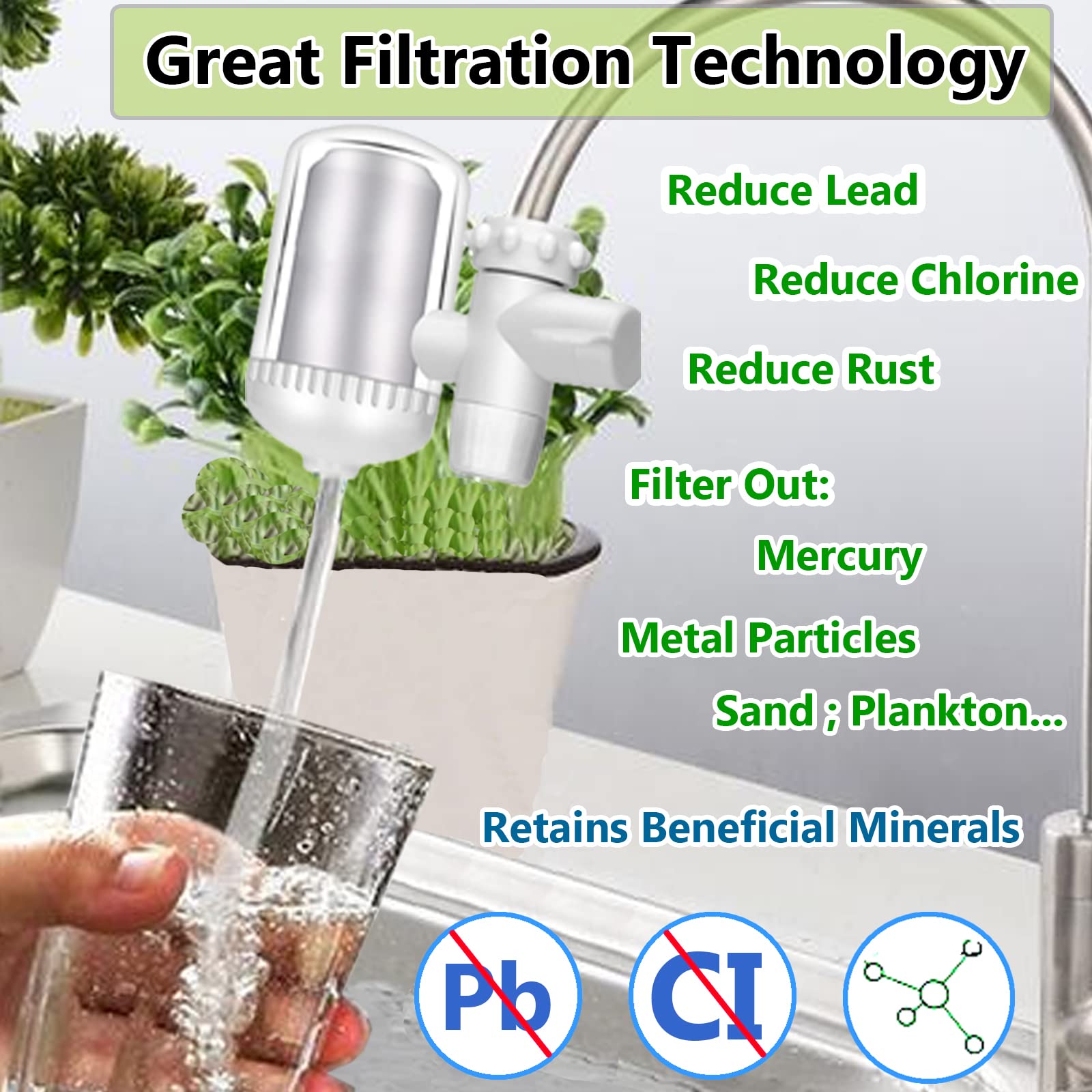 Faucet Water Filter with Washable Filter,Tap Water Filter, Faucet Mount Water Filters for Kitchen Sink, Reduces Chlorine & Bad Taste - Fits Standard Faucets