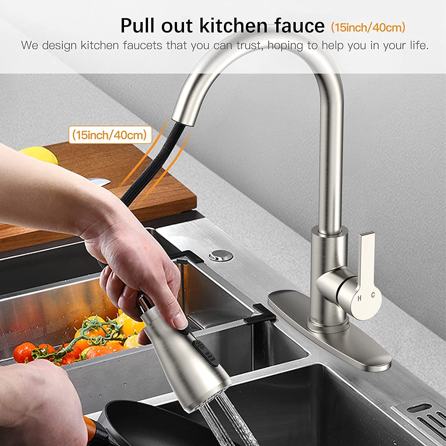 ShiningLove Kitchen Faucet, Modern Kitchen Sink Faucet with Pull-Down Sprayer, Single Handle Stainless Steel Sink Faucet for Kitchen Sink Brushed Nickel