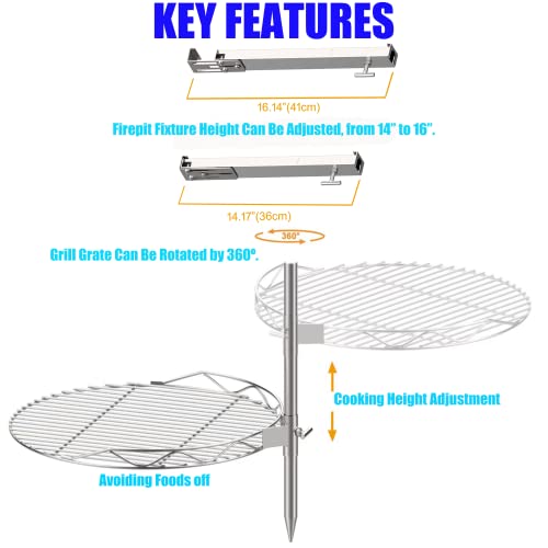 BBQSTAR Detachable Swivel Grill for 19.5" Wood Burning Firepit as Solo Stove Bonfire Hotshot Explorer; Outdoor Firepit Grill Accessory Kit W/Stainless Steel Cooking Grate, Fire Poker,Carry Bag