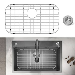 stainless steel sink protector 26"x14" with rear drain, metal sink rack for bottom of sink, kitchen sink grate and sink protectors with sink strainer (26" x 14" - rear drain)