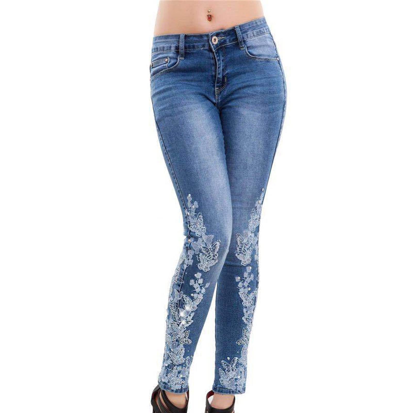 Women's Floral Embroidered Jeans Mid Rise Skinny Stretch Denim Pants Vintage Printed Slim Fit Tapered Leg Jean (Blue,X-Large)