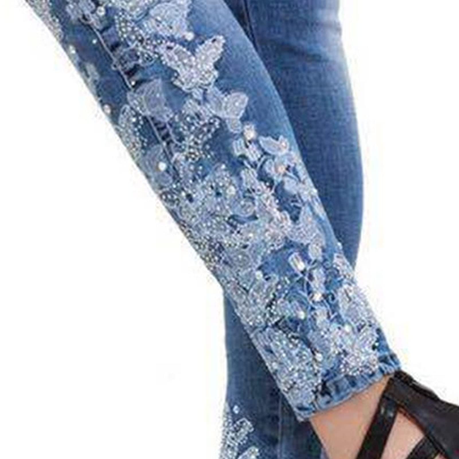 Women's Floral Embroidered Jeans Mid Rise Skinny Stretch Denim Pants Vintage Printed Slim Fit Tapered Leg Jean (Blue,X-Large)