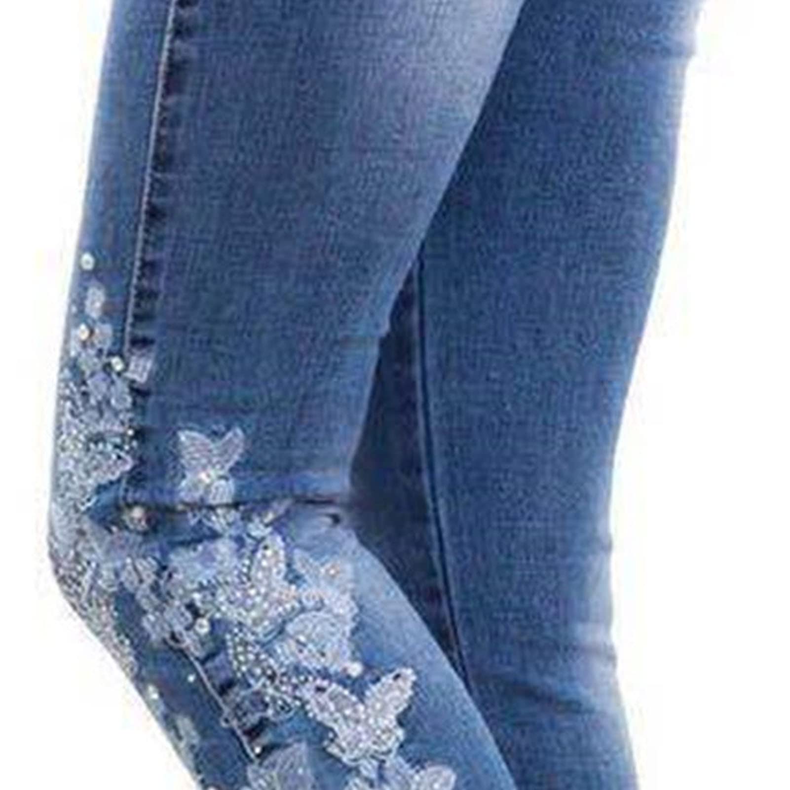 Women's Floral Embroidered Jeans Mid Rise Skinny Stretch Denim Pants Vintage Printed Slim Fit Tapered Leg Jean (Blue,X-Large)