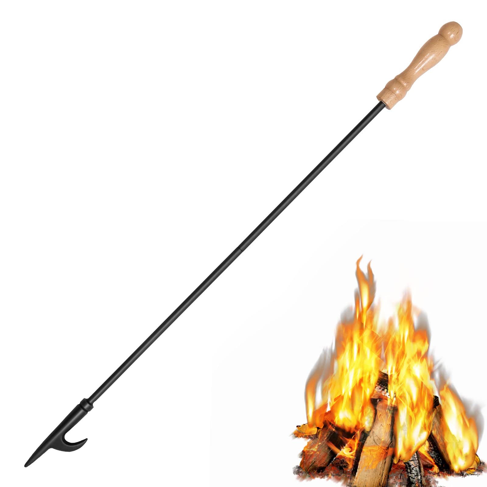 AGM Fire Poker for Fire Pit, 32" Long Heavy Duty Campfire Poker Stick with Wooden Handle for Camping, Fireplace, Bonfires, Rust Resistant Portable Fire Pit Tools Accessories for Outdoor & Indoor