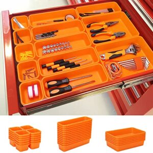 42 pack tool box organizer tool tray dividers, rolling tool chest cart cabinet workbench desk drawer organization and storage for hardware, parts, screws, nuts, small tools organization(orange)