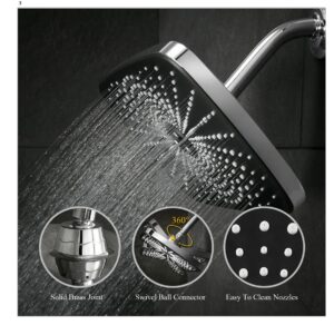 veken 12 inch rain shower head rectangle- wide coverage rainfall style water spray - adjustable showerhead with anti-clog nozzles - high pressure rain fall for soothing sensation - chrome black