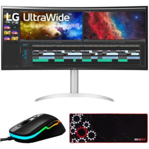 lg 38wp85c-w 38" curved 21:9 ultrawide qhd 3840x1600 pc monitor bundle with deco gear wired gaming mouse and deco gear large extended pro gaming mouse pad