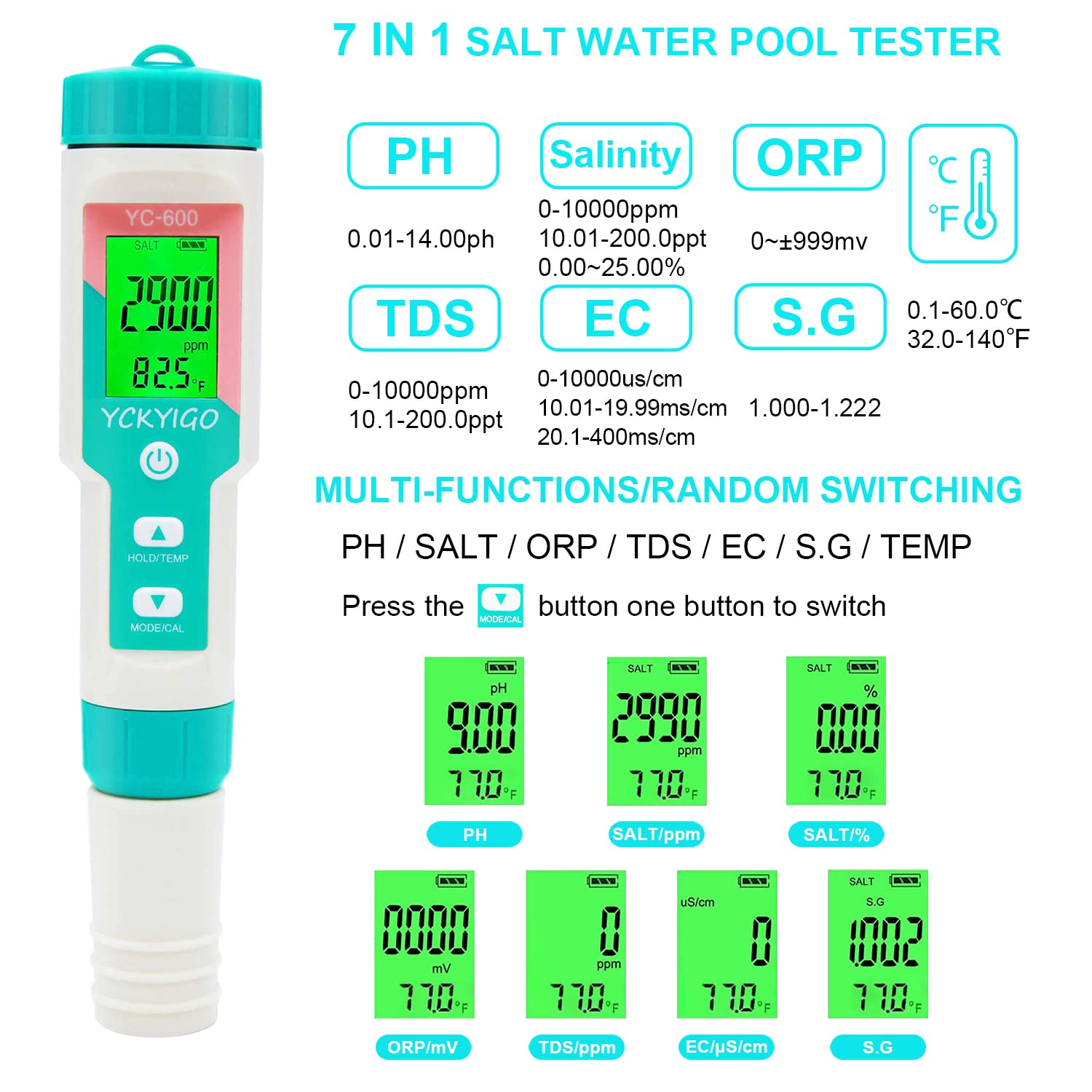 YCKYIGO Salt Water Pool Tester Large Range 7 in 1 Multi-Parameter Tester for Salt Swimming Pool and Spa