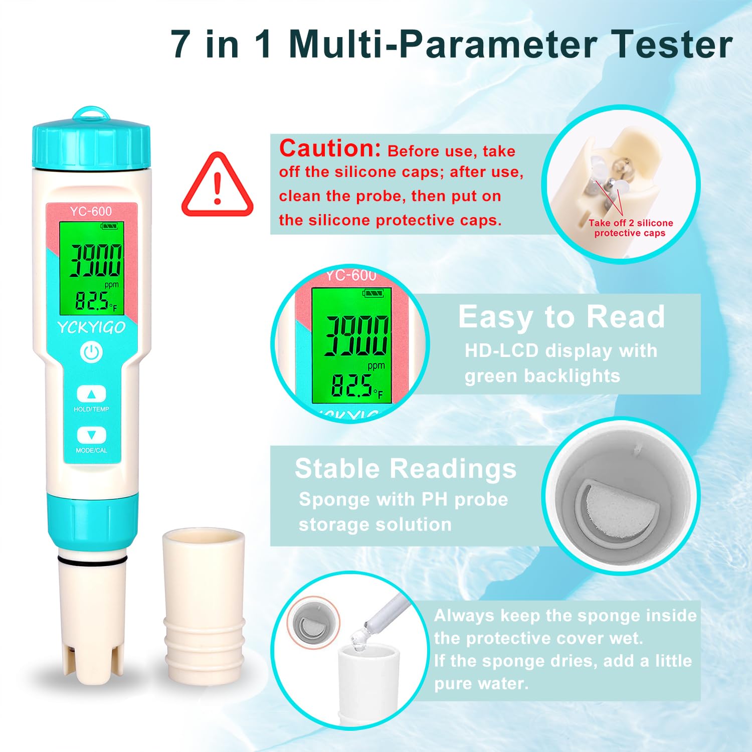 YCKYIGO Salt Water Pool Tester Large Range 7 in 1 Multi-Parameter Tester for Salt Swimming Pool and Spa