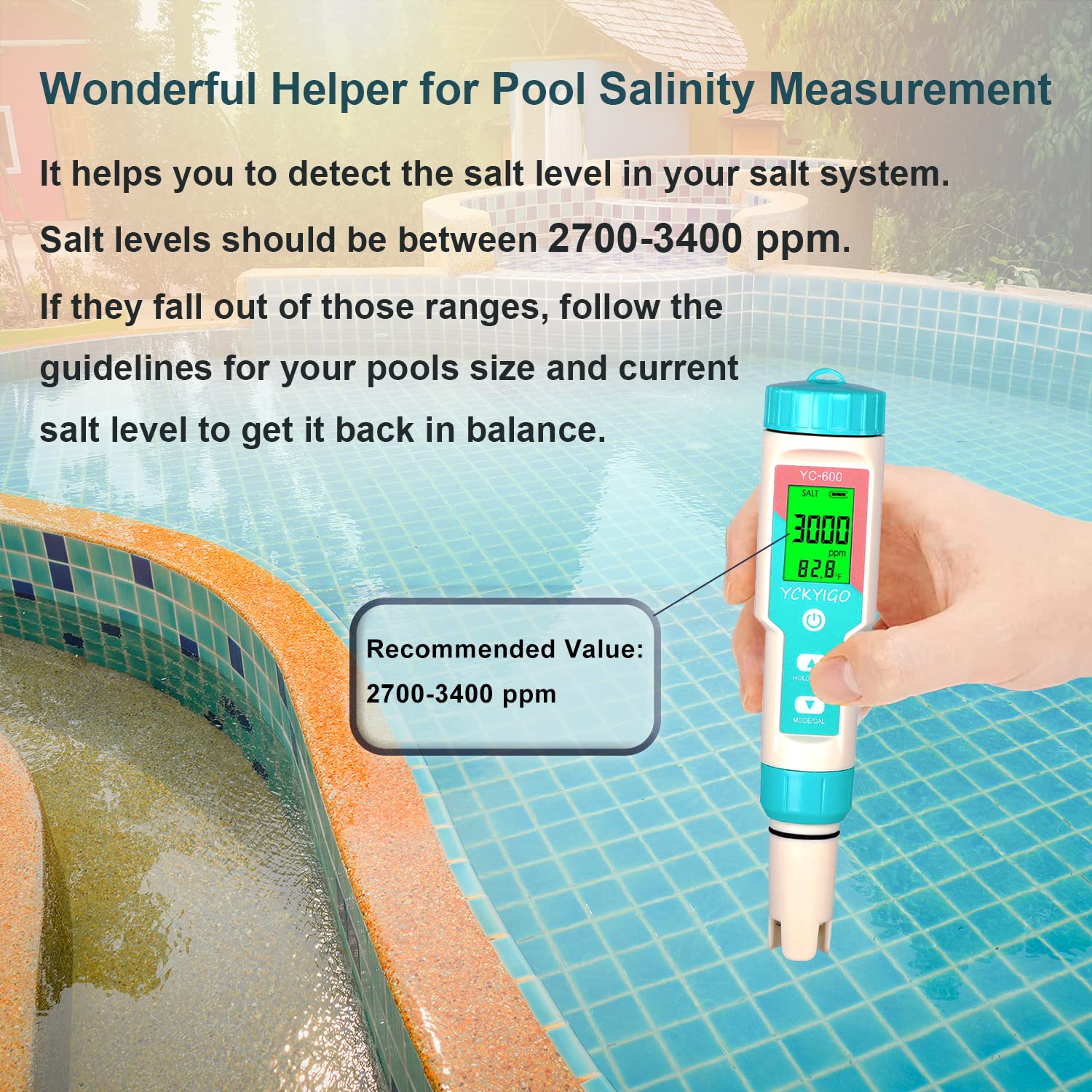 YCKYIGO Salt Water Pool Tester Large Range 7 in 1 Multi-Parameter Tester for Salt Swimming Pool and Spa