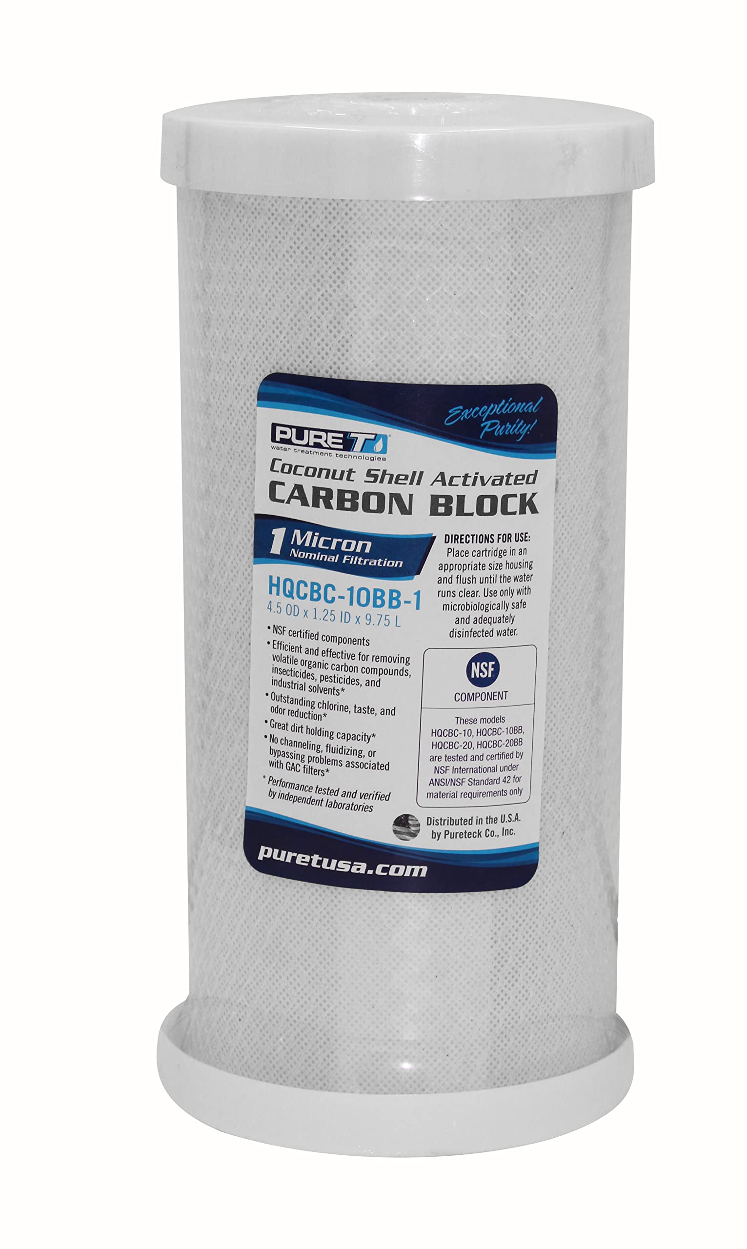 PureT HQCBC-10BB-10, 10x4.5" Coconut Carbon Block Filter - NSF Certified - Cononut Shell Activated Carbon removes Chlorine, Dirt and More (10 u Micron Rated)