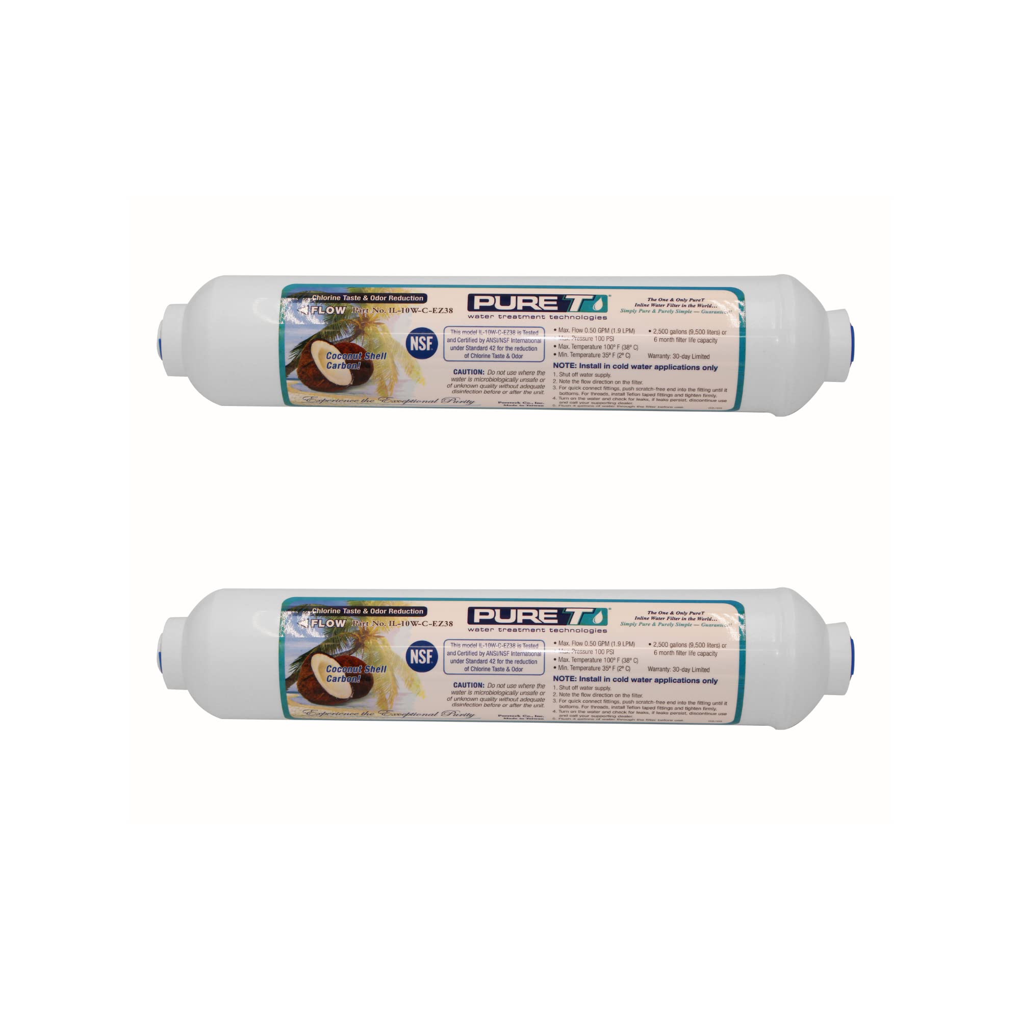 PureT IL-10W-C-EZ38, 2"x10" (3/8" EZ Connect) Inline Post GAC Carbon Filter - NSF Certified - Reverse Osmosis Water Filter, Lifetime of 1 Year or 1,500 Gallons (2 Pack)