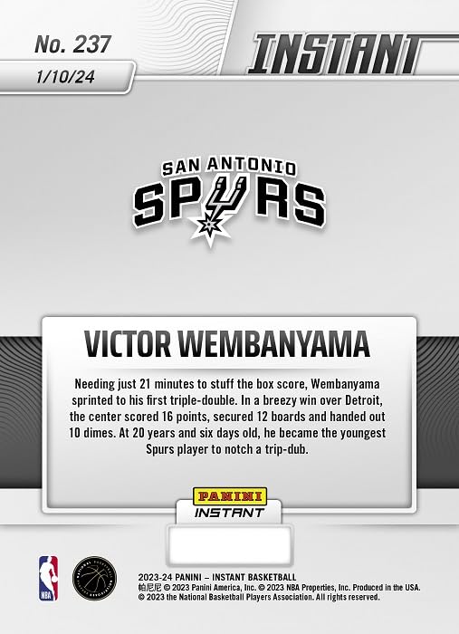 2023 Panini Instant VICTOR WEMBANYAMA Limited Edition ROOKIE Card - FIRST TRIPLE DOUBLE! - Plus Novelty Wemby Card Pictured - San Antonio Spurs