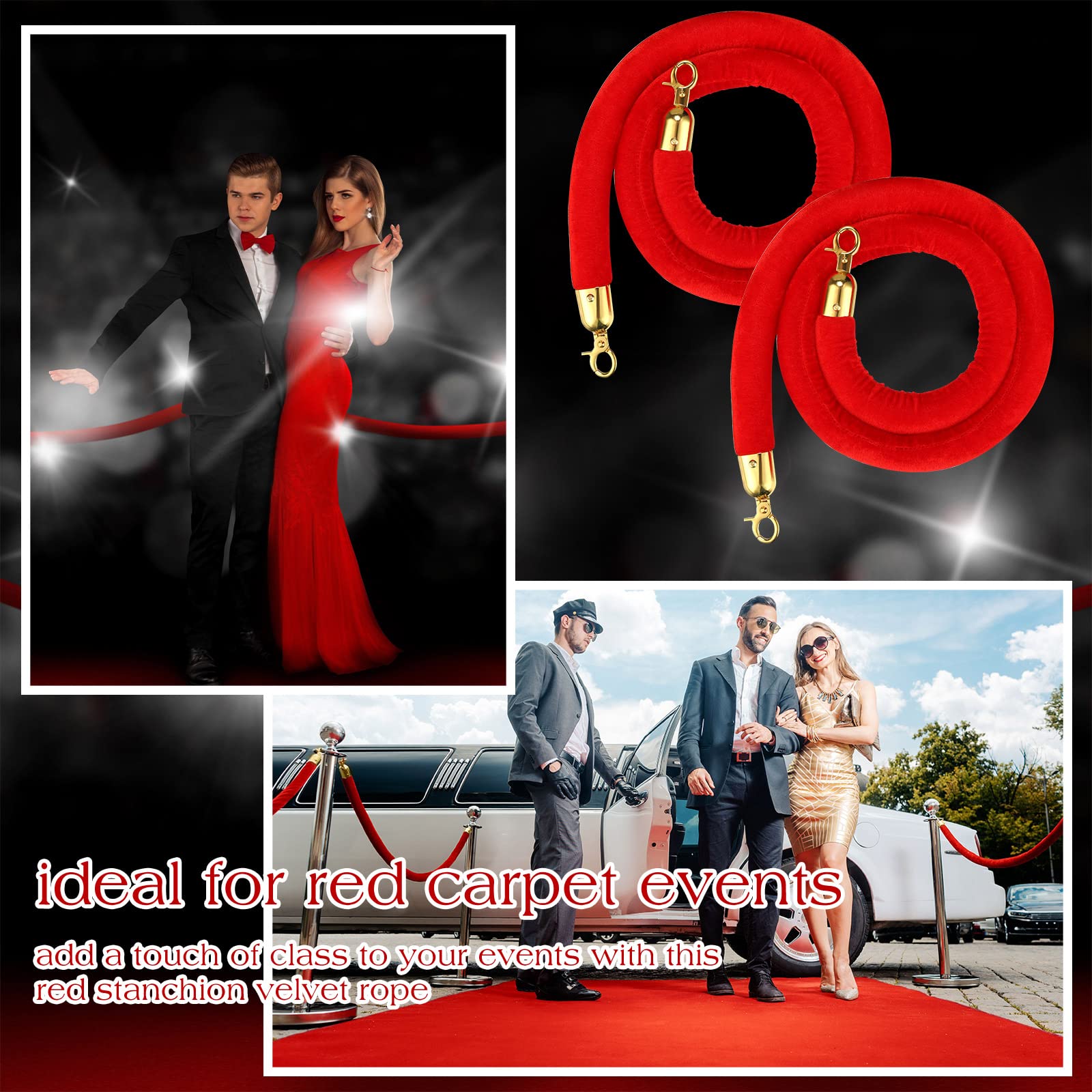 Nuogo 6 Pcs Velvet Stanchion Rope Red Carpet Party Decorations 5ft Crowd Control Velvet Ropes Safety Barrier with Gold Hook for Event Movie Theaters Grand Opening Hotel Christmas Party Supplies