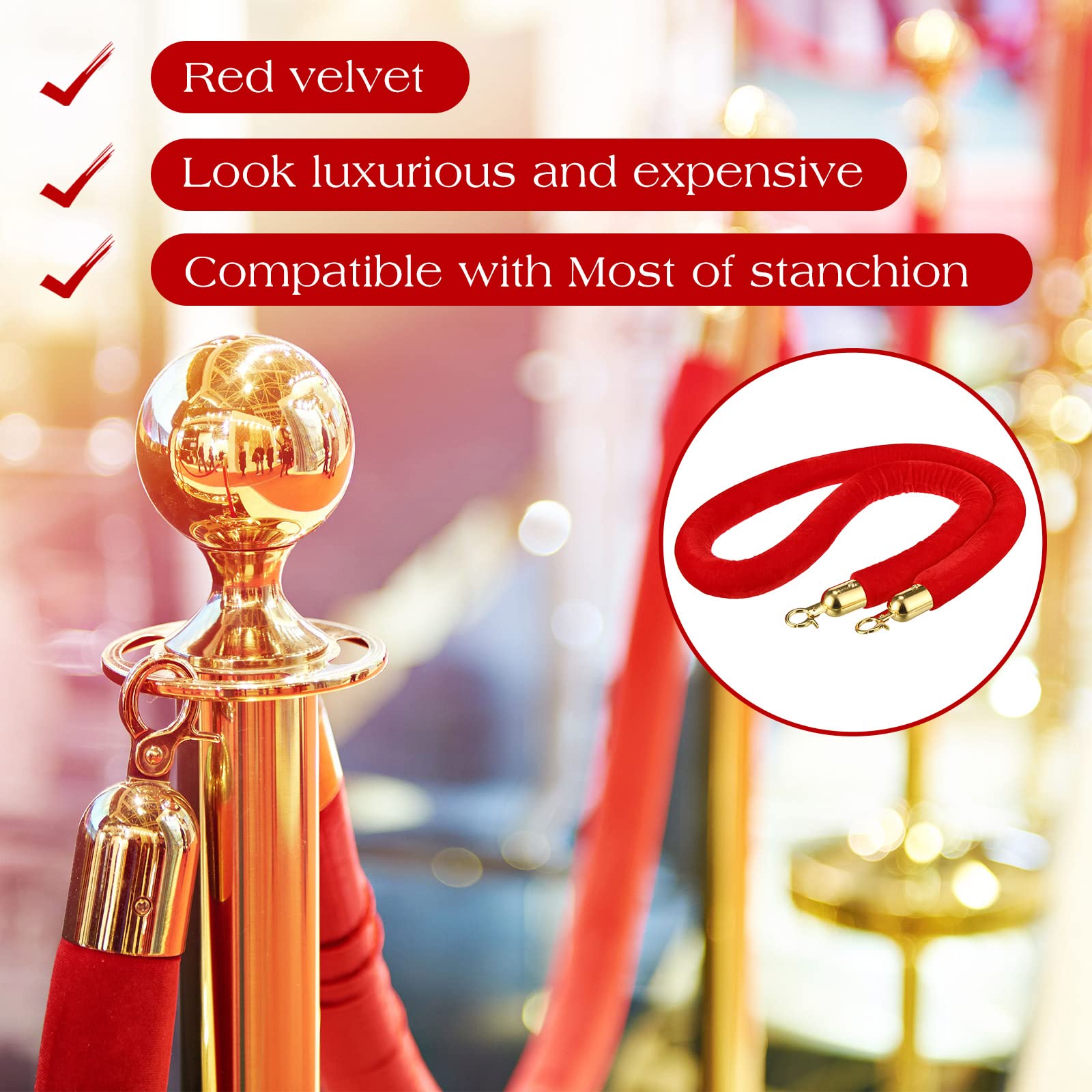 Nuogo 6 Pcs Velvet Stanchion Rope Red Carpet Party Decorations 5ft Crowd Control Velvet Ropes Safety Barrier with Gold Hook for Event Movie Theaters Grand Opening Hotel Christmas Party Supplies