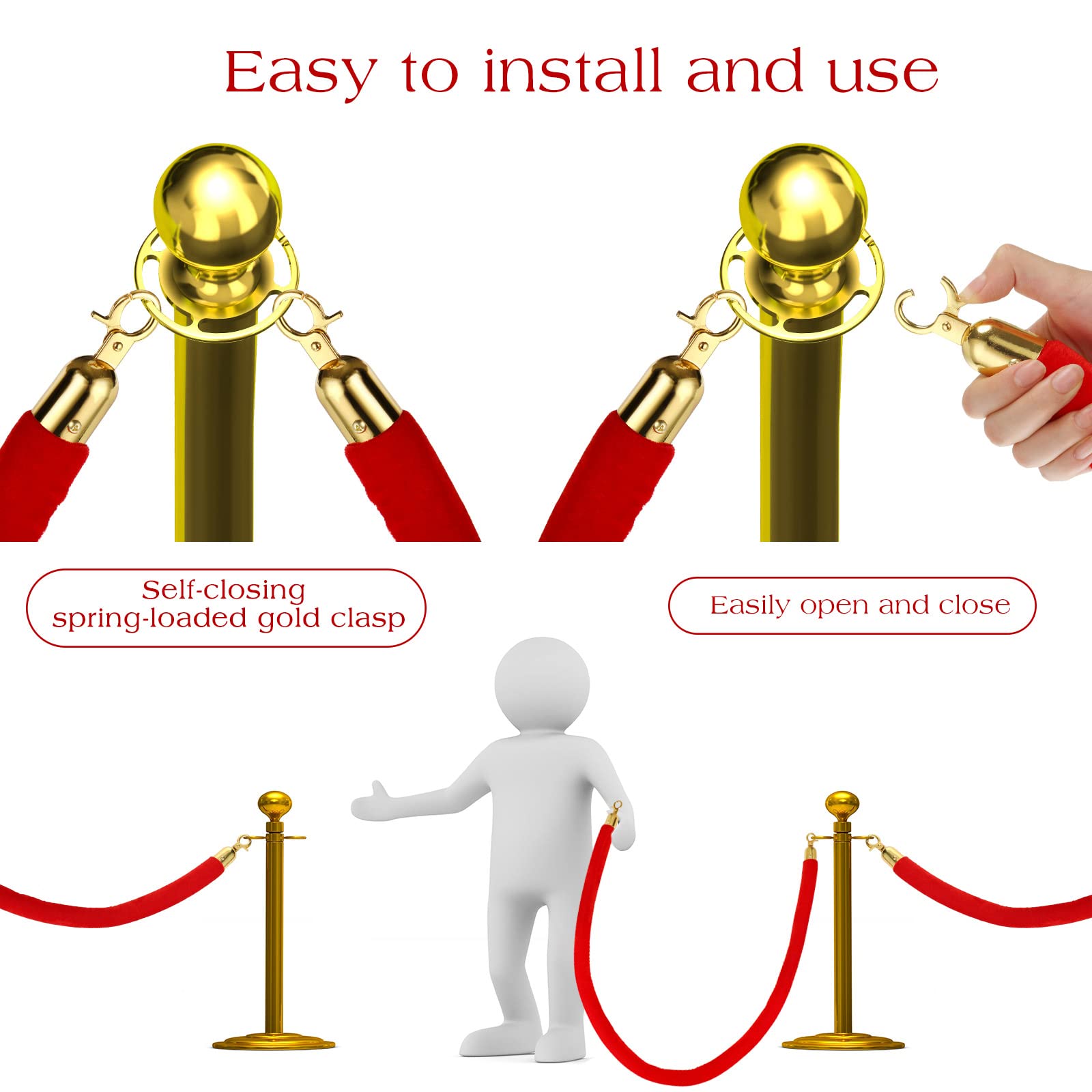 Nuogo 6 Pcs Velvet Stanchion Rope Red Carpet Party Decorations 5ft Crowd Control Velvet Ropes Safety Barrier with Gold Hook for Event Movie Theaters Grand Opening Hotel Christmas Party Supplies