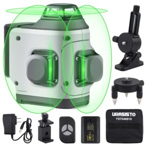 urasisto 3d cross line self-leveling laser level, 3 x 360 horizontal/vertical green beam three-plane leveling and alignment laser tool, li-ion rechargeable battery, remote control&portable carry bag