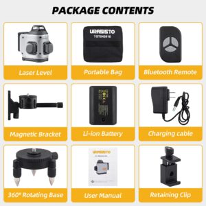URASISTO 3D Cross Line Self-leveling Laser Level, 3 x 360 Horizontal/Vertical Green Beam Three-Plane Leveling and Alignment Laser Tool, Li-ion Rechargeable Battery, Remote Control&Portable Carry Bag