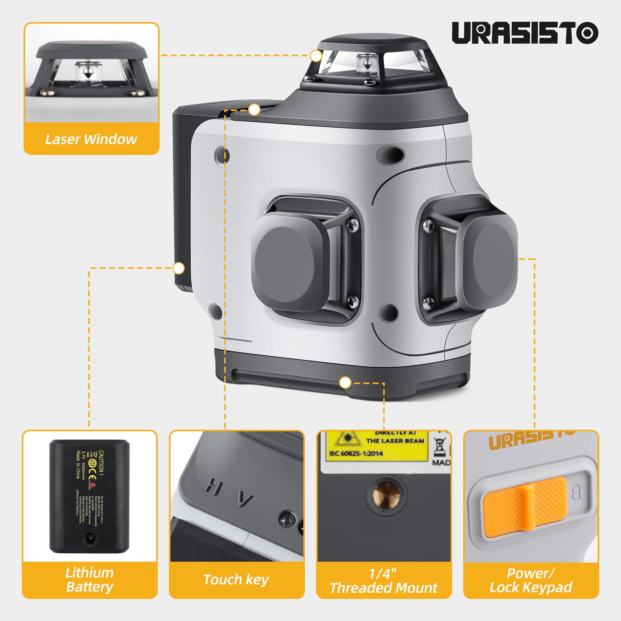 URASISTO 3D Cross Line Self-leveling Laser Level, 3 x 360 Horizontal/Vertical Green Beam Three-Plane Leveling and Alignment Laser Tool, Li-ion Rechargeable Battery, Remote Control&Portable Carry Bag