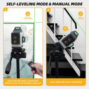 URASISTO 3D Cross Line Self-leveling Laser Level, 3 x 360 Horizontal/Vertical Green Beam Three-Plane Leveling and Alignment Laser Tool, Li-ion Rechargeable Battery, Remote Control&Portable Carry Bag