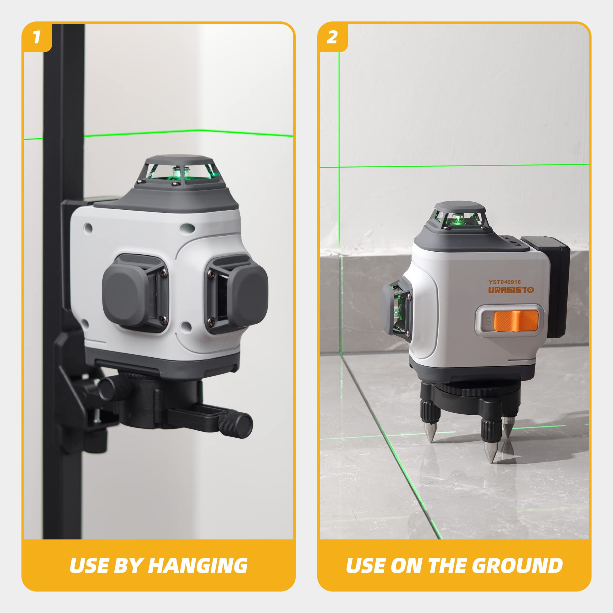 URASISTO 3D Cross Line Self-leveling Laser Level, 3 x 360 Horizontal/Vertical Green Beam Three-Plane Leveling and Alignment Laser Tool, Li-ion Rechargeable Battery, Remote Control&Portable Carry Bag