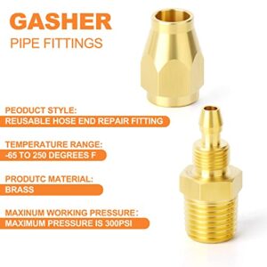 GASHER 5PCS Brass Pneumatic Replacement Fitting, Reusable Hose End Repair Fitting 1/4" Barb（Suitable for 1/4" ID，5/16" OD air hose) x 3/8" NPT Rigid