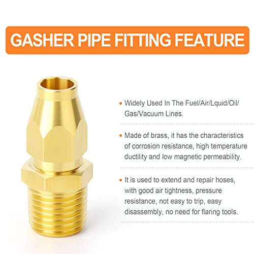 GASHER 5PCS Brass Pneumatic Replacement Fitting, Reusable Hose End Repair Fitting 1/4" Barb（Suitable for 1/4" ID，5/16" OD air hose) x 3/8" NPT Rigid