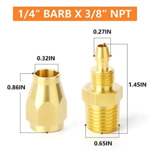 GASHER 5PCS Brass Pneumatic Replacement Fitting, Reusable Hose End Repair Fitting 1/4" Barb（Suitable for 1/4" ID，5/16" OD air hose) x 3/8" NPT Rigid