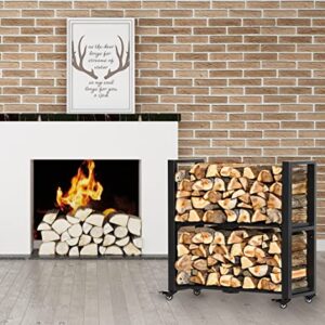 Luffioner 2 Tiers Rolling Firewood Rack,Foldable Firewood Log Storage Rack Holder with Wheels Fireside Log Rack for Indoor Fireplace or Outdoor,31"X25"x12"