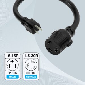 Generator Power Cord Adapter, 3 Prong 15 Amp 125V NEMA 5-15P Male Plug to 30 Amp 125V NEMA L5-30R Locking Female Connector, Black