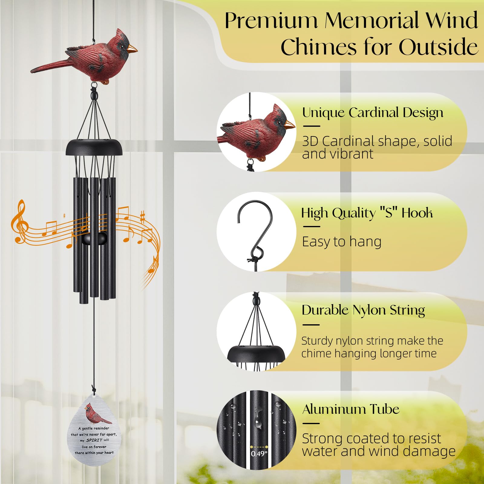 Memorial Wind Chimes for Outside,Cardinal Wind Chimes for Loss of Loved One,Sympathy Wind Chimes,Memorial Gifts for Loss of Mother,Sympathy Gifts for Loss of Dad,Windchimes in Memory of a Loved One
