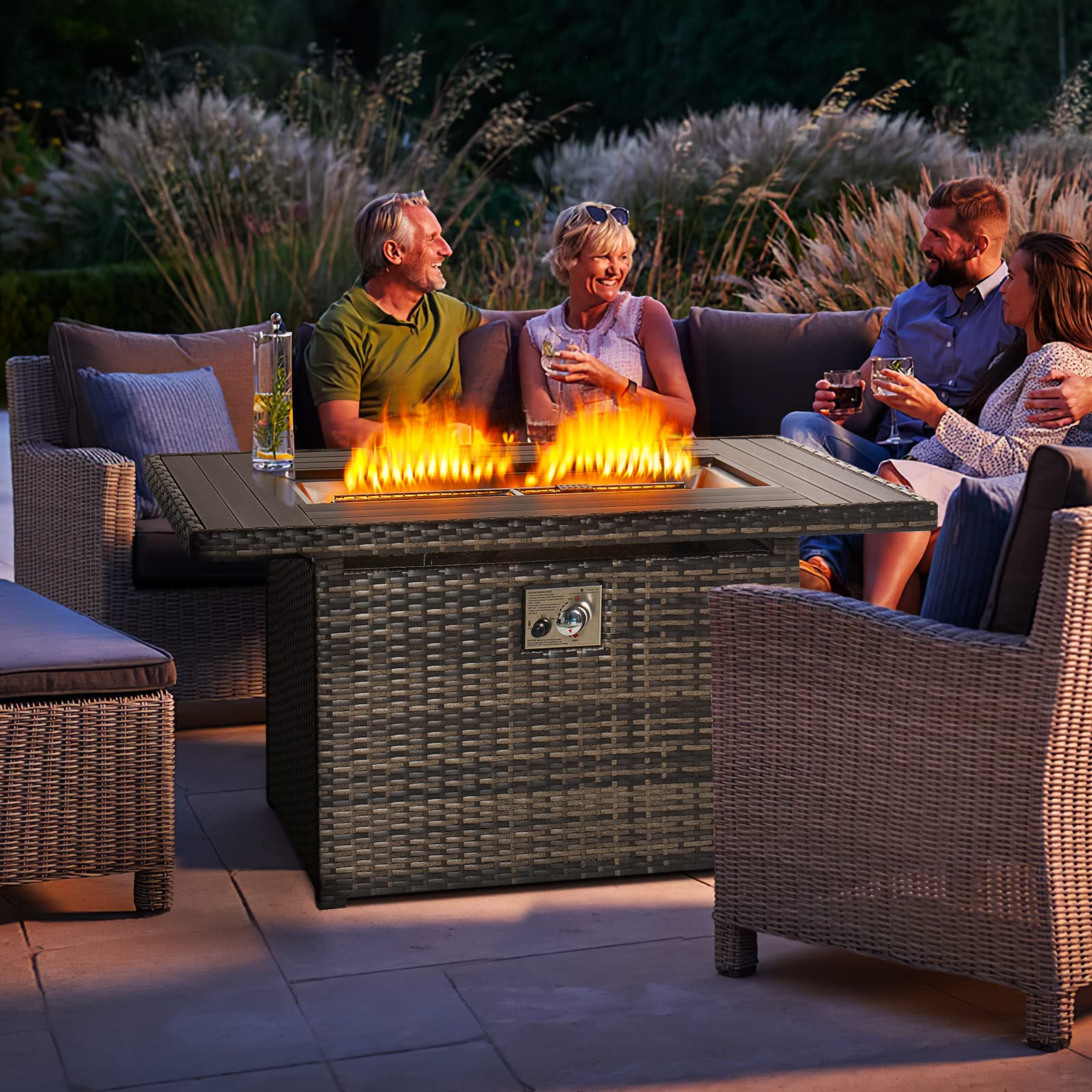 oneinmil 44" Outdoor Fire Pit Table, CSA Certification 50,000 BTU Propan Fire Pit Table with Auto-Ignition, Patio Wicker Firepit with Oxford Cover, Grey