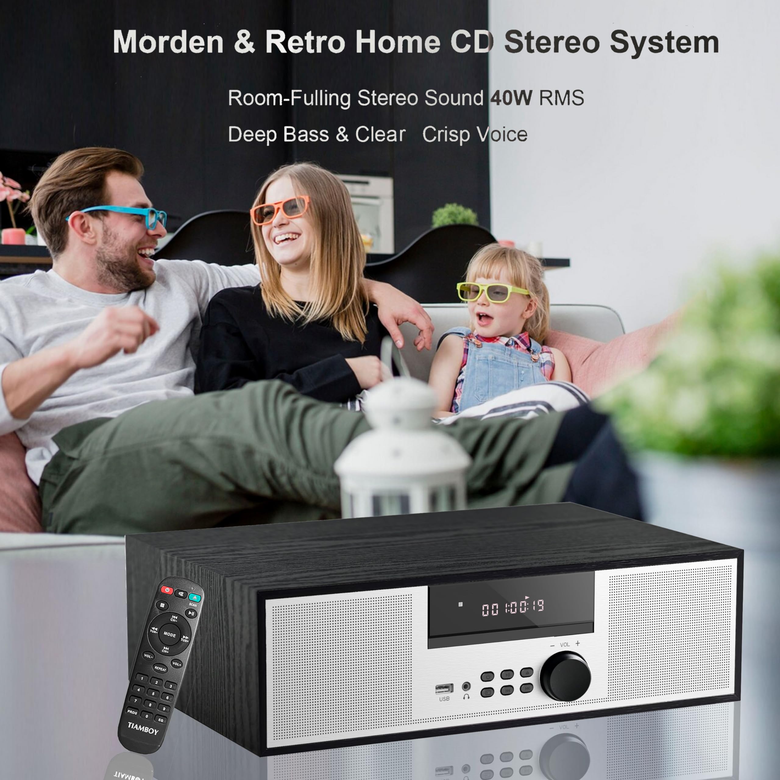 Vintage Home CD Stereo System, 40W RMS Micro Component with CD Player, Bluetooth, USB Playback, FM Radio, AUX-in & Earhpones Output, Clear Sounds & Rich Bass (TB-816 Black)