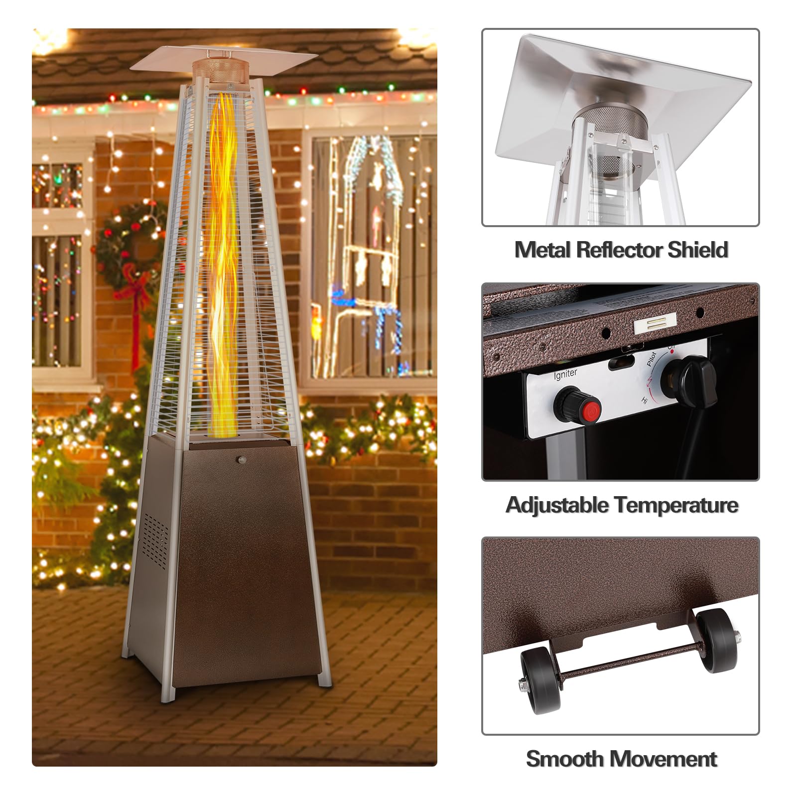 Hykolity Pyramid Patio Heater, 48000 BTU Glass Tube Propane Patio Heater with Wheels and Cover, Outdoor Propane Heaters for Patio, Backyard, Garden, Porch, and Pool, Bronze