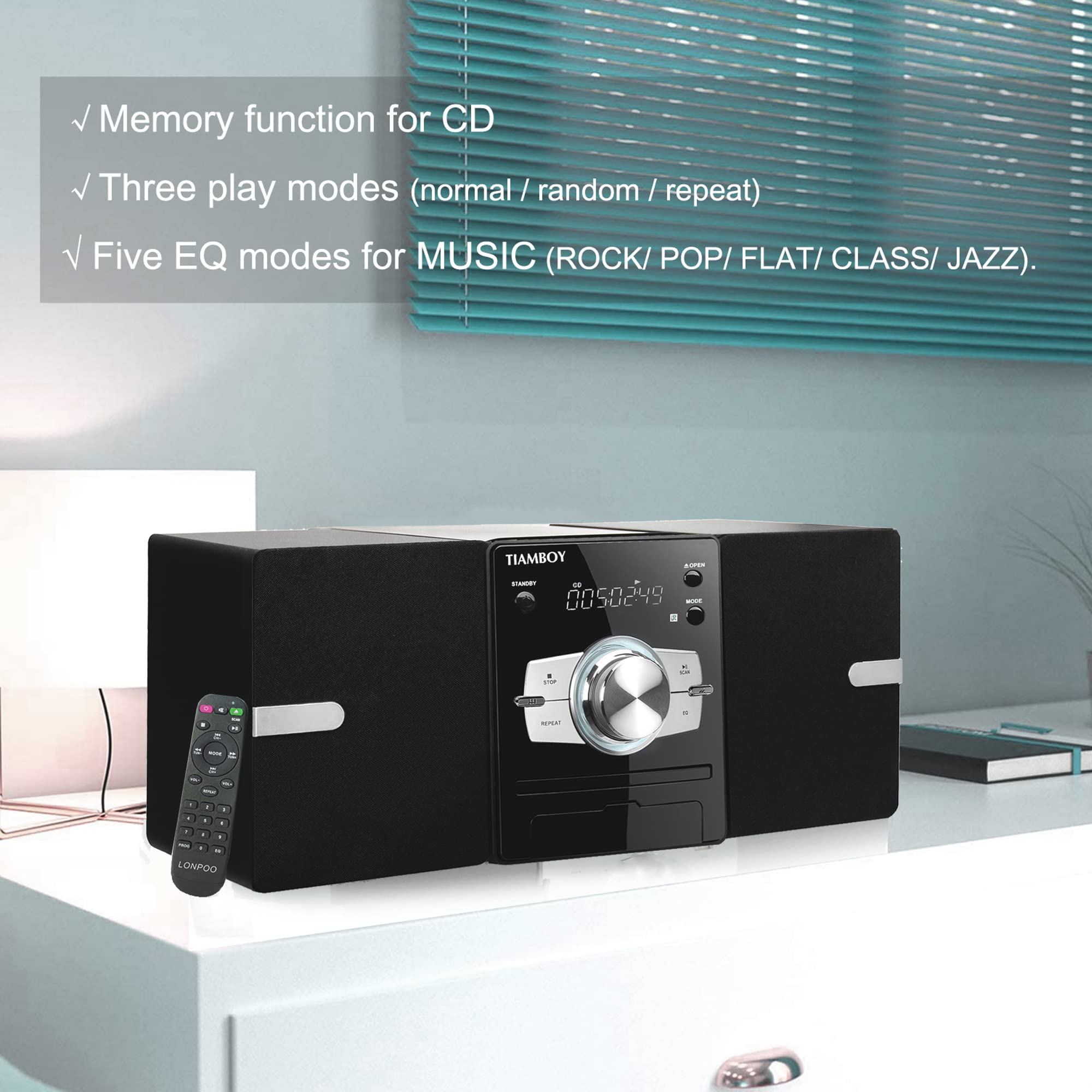 Micro CD Stereo Shelf System, 30W RMS Hi-Fi System with CD Player, Bluetooth, USB Playback, FM Radio, AUX-Input, 2-Way Music Crisp-Sound, DSP-Tech
