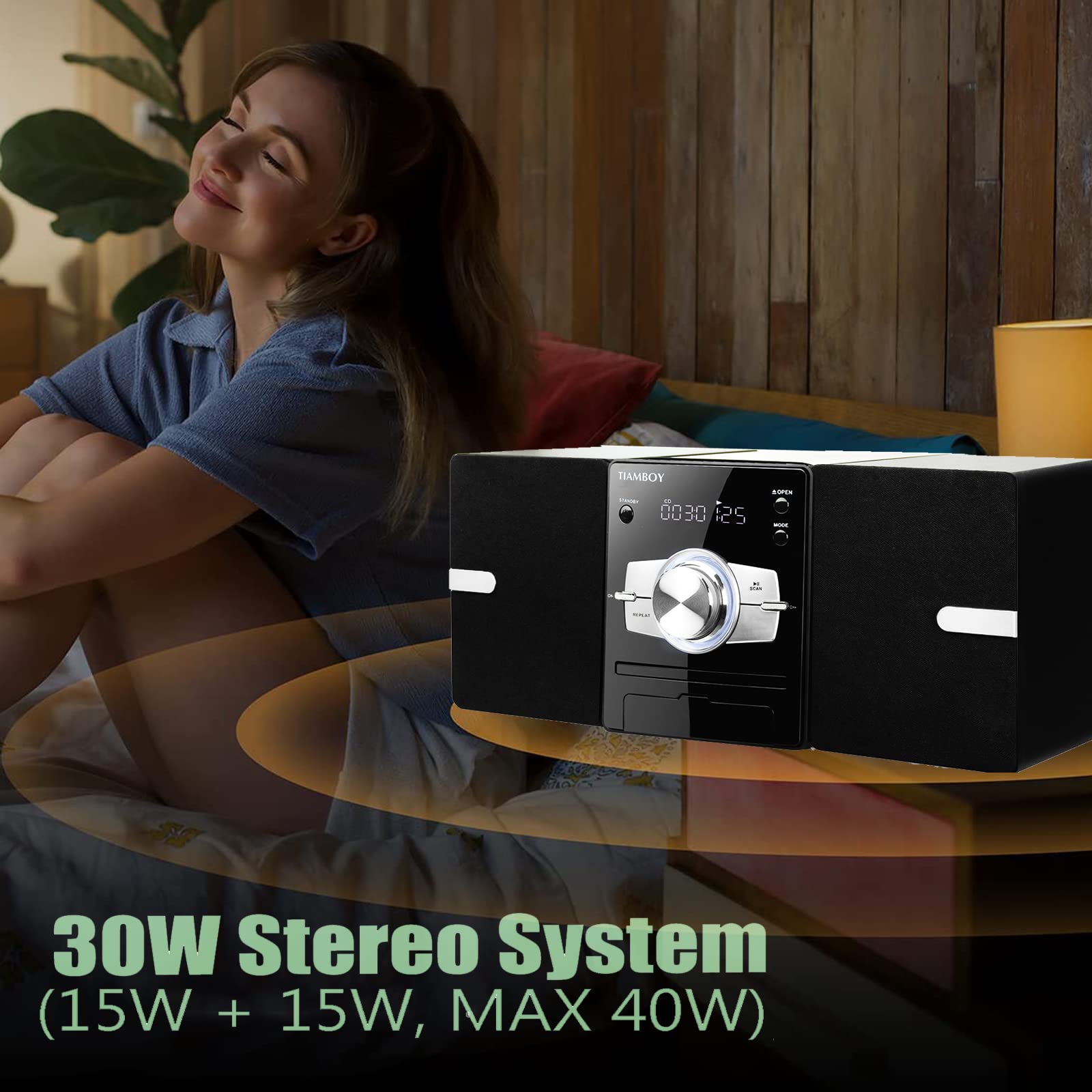 Micro CD Stereo Shelf System, 30W RMS Hi-Fi System with CD Player, Bluetooth, USB Playback, FM Radio, AUX-Input, 2-Way Music Crisp-Sound, DSP-Tech
