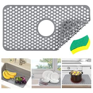 kitchen silicone sink protector(24.8 "x 13"), gray sink grille mat with central drain hole, for farm stainless steel ceramic sink mat,non-slip, heat resistnt 500f(with cleaning brush)