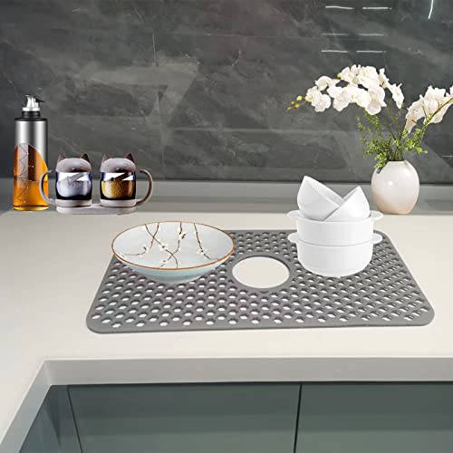 Kitchen silicone sink protector(24.8 "x 13"), gray sink grille mat with central drain hole, for Farm Stainless steel Ceramic sink mat,non-slip, Heat resistnt 500F(with cleaning brush)