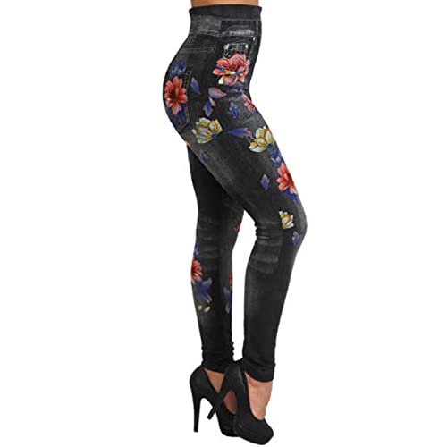Maiyifu-GJ Women's Fake Denim Printed Leggings Plus Size High Waisted Jean Yoga Pants Seamless Stretch Full Length Jeans (Black,Large)