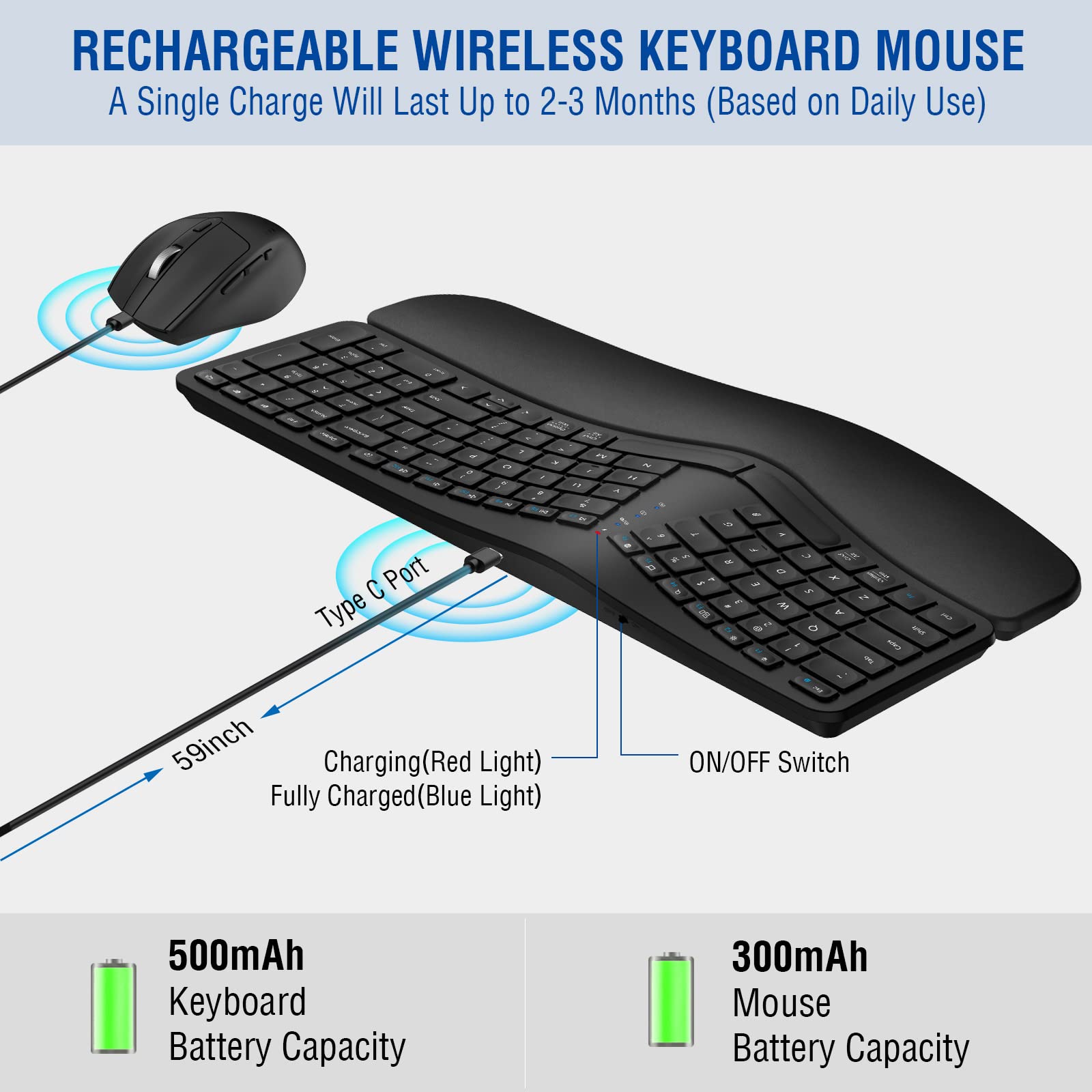 MK960 Ergonomic Wireless Keyboard Mouse Combo, Bluetooth/2.4G Split Design Keyboard with Palm Rest and 4 Level DPI Adjustable Wireless Mouse Multi-Device, Rechargeable, for Windows/Mac/Android(Black)