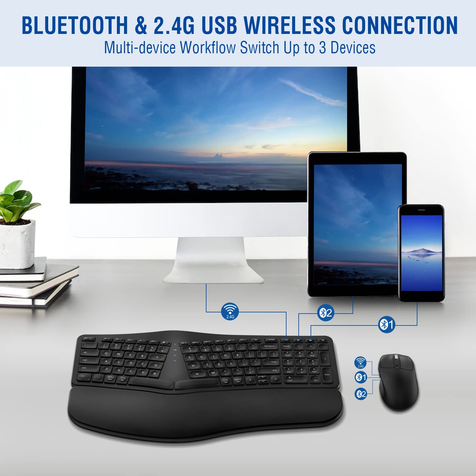 MK960 Ergonomic Wireless Keyboard Mouse Combo, Bluetooth/2.4G Split Design Keyboard with Palm Rest and 4 Level DPI Adjustable Wireless Mouse Multi-Device, Rechargeable, for Windows/Mac/Android(Black)